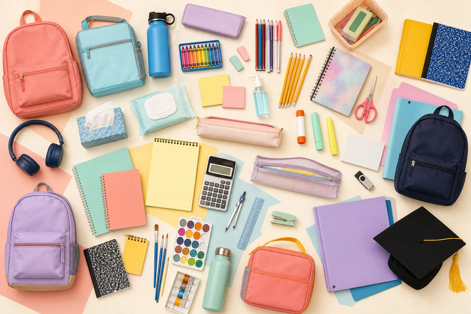 Colorful collage of backpacks, notebooks, pencils, art supplies and other school essentials
